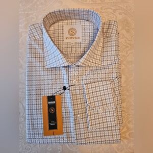 Men's Formal Grey Cotton Grid Checkered Shirt, Snover, NWT, 44
